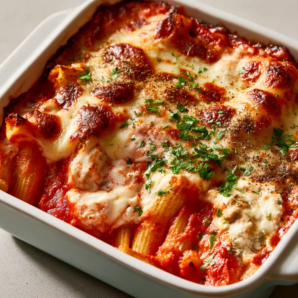 Close-up of golden mozzarella cheese spots on top of High Protein Cottage Cheese Baked Ziti with crisp pasta edges.