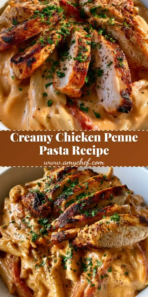 A top-down view of Creamy Chicken Penne in a white bowl showing seared chicken, orange sauce, and red peppers.