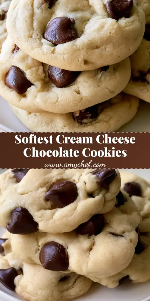 A vertical Pinterest pin featuring a stack of thick Cream Cheese Chocolate Chip Cookies with matte cracks and light golden edges.