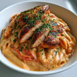 A smartphone photo of Creamy Chicken Penne with golden-brown chicken slices and fresh parsley.