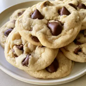 A close-up shot of thick, pillowy Cream Cheese Chocolate Chip Cookies stacked on a white plate showing soft matte surface cracks.