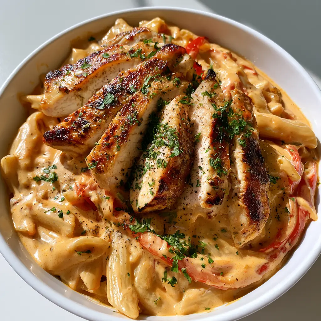 Close up shot of the thick orange-tinted sauce and al dente penne pasta.