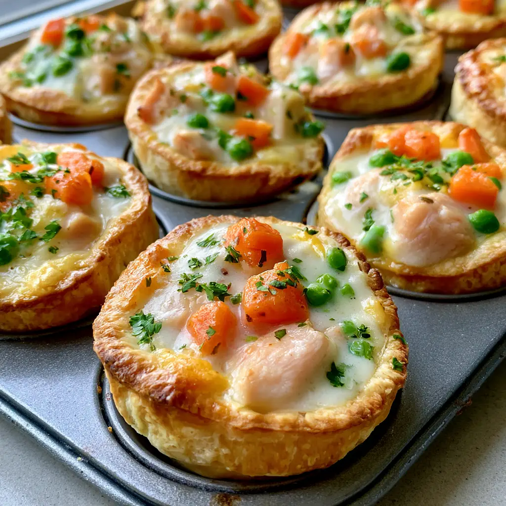 Close up of Chicken Pot Pie Bites showing thick creamy white gravy and tender chicken chunks with green peas and carrots.
