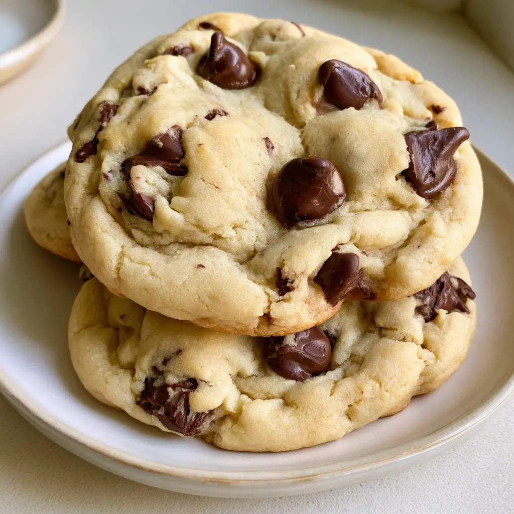 Soft-baked Cream Cheese Chocolate Chip Cookies showing slightly sunken semi-sweet chocolate chips and a pale blonde texture.