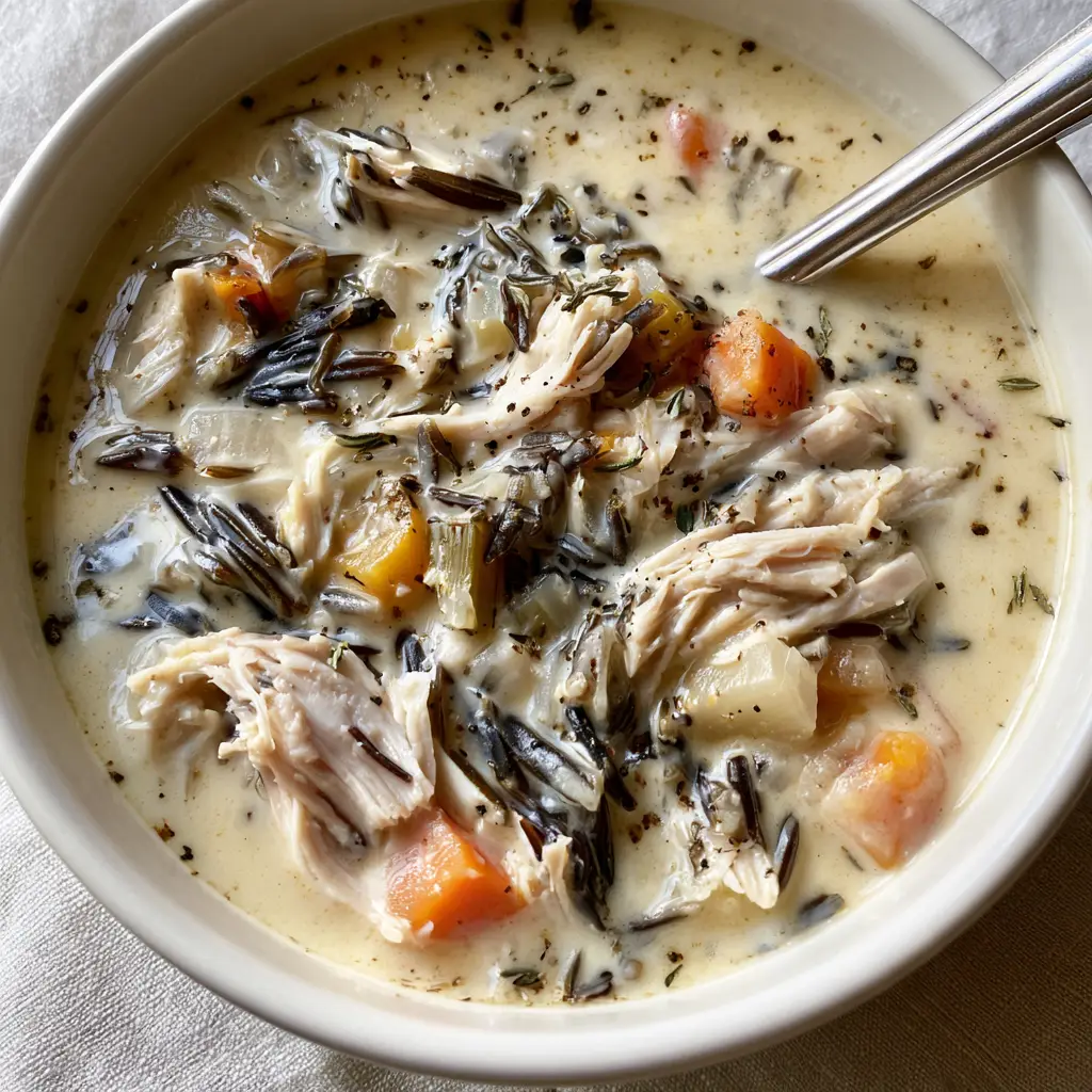 A close-up of the thick soup texture highlighting the softened carrots and long-grain rice.