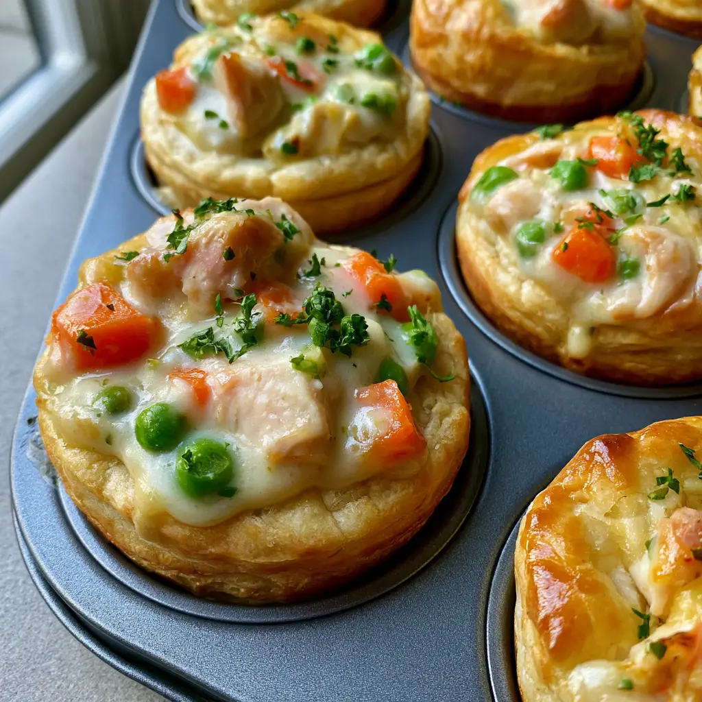 A dark grey muffin tin filled with freshly baked Chicken Pot Pie Bites garnished with fresh green parsley.