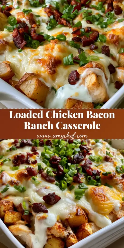 A handheld smartphone photo of a white ceramic rectangular baking dish containing a Chicken Bacon Ranch Casserole with roasted potatoes, melted cheese, and green scallions.