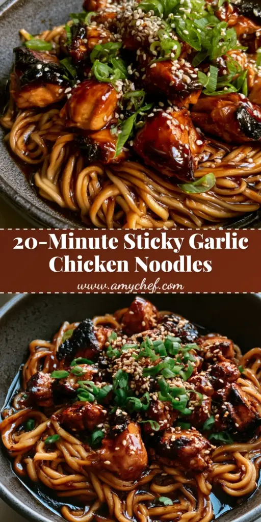 A close-up vertical shot of Sticky Garlic Chicken Noodles in a dark bowl, featuring glossy dark sauce, charred chicken chunks, and sesame seeds.