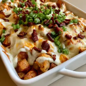 Close up of golden-brown roasted potato cubes and tender chicken breast in a Chicken Bacon Ranch Casserole.
