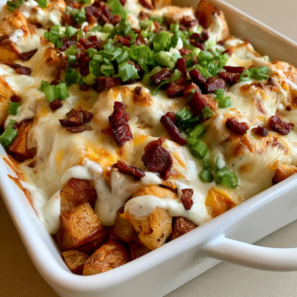 Close up of golden-brown roasted potato cubes and tender chicken breast in a Chicken Bacon Ranch Casserole.