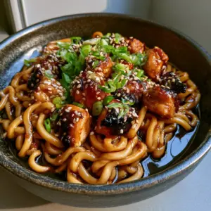 A handheld smartphone photo of a dark stoneware bowl filled with Sticky Garlic Chicken Noodles and glossy dark amber sauce.
