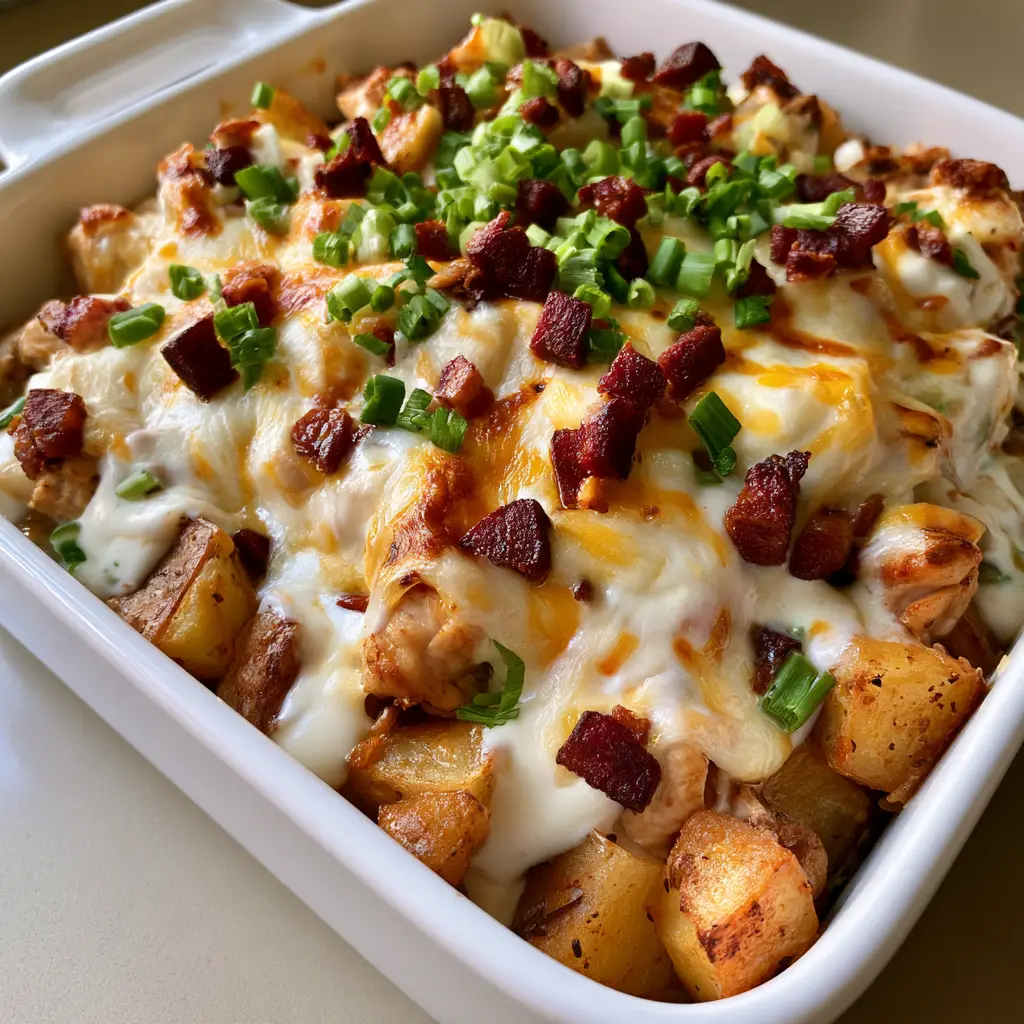 Top view of Chicken Bacon Ranch Casserole showing the generous garnish of fresh green scallions and dark reddish-brown bacon.