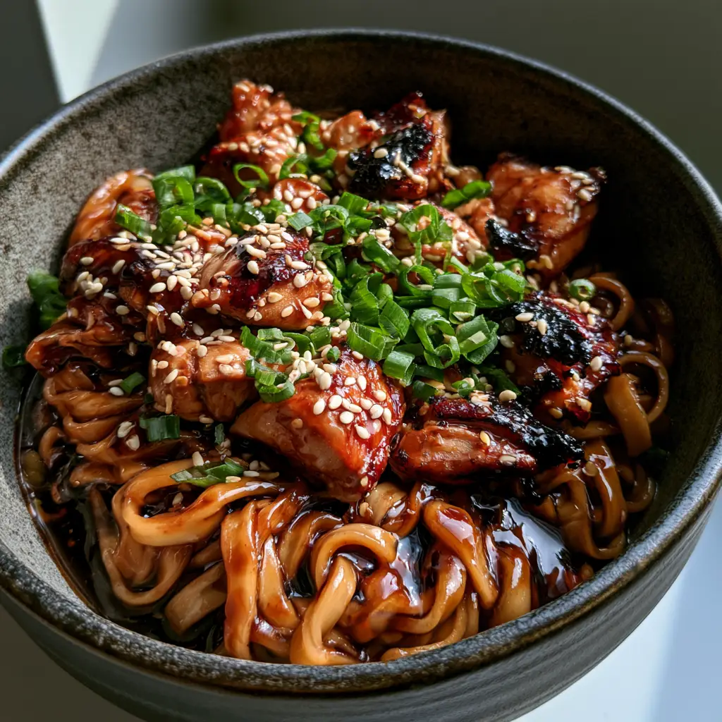 Close up of seared chicken thigh chunks with charred skin on top of Sticky Garlic Chicken Noodles.
