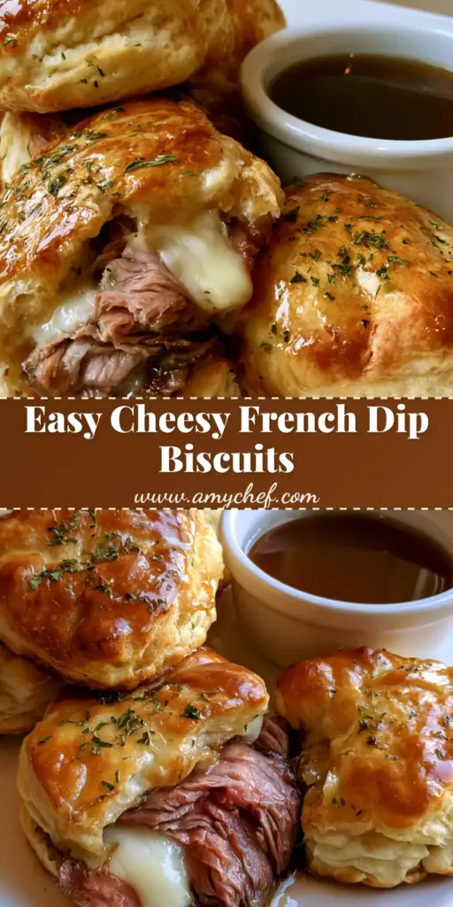 A stack of golden brown French Dip Biscuits on a white plate with a side ramekin of dark brown au jus dipping sauce.