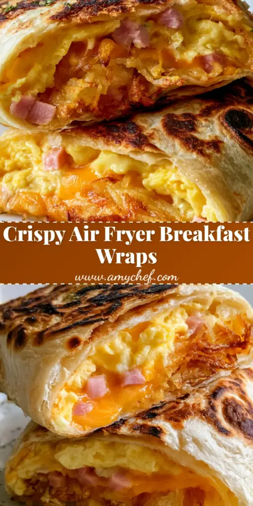 Two sliced Air Fryer Breakfast Wraps stacked on marble, showing layers of eggs, ham, and melted cheese with charred toasted spots on the tortilla. (Air Fryer Breakfast Wraps)