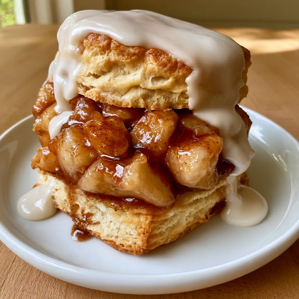Close up photo of an apple pie biscuit sandwich with visible golden-brown layers and thick amber cinnamon syrup. (Apple Pie Biscuit Sandwiches)