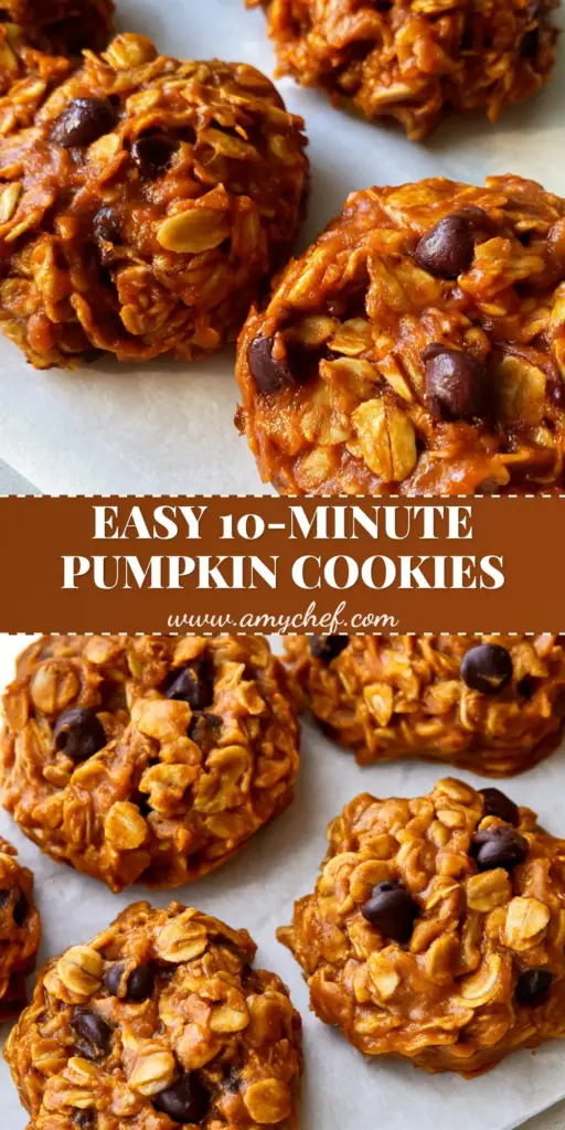 A close-up shot of chunky Pumpkin No-Bake Cookies on parchment paper, showing visible rolled oats and dark chocolate chips with a deep orange-brown color.