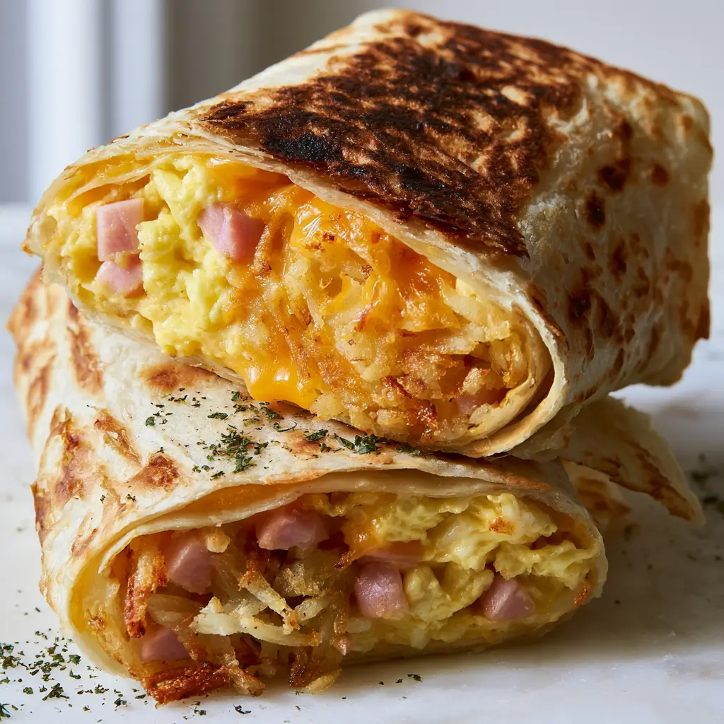 Close-up of sliced breakfast wraps revealing pink ham, yellow eggs, and orange cheddar cheese inside a crispy toasted tortilla. (Air Fryer Breakfast Wraps)