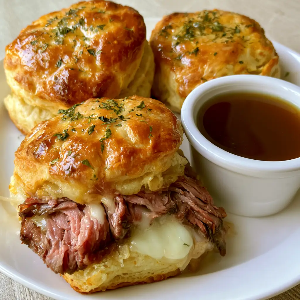 A tray of freshly baked French Dip Biscuits brushed with butter and parsley, ready for dipping.