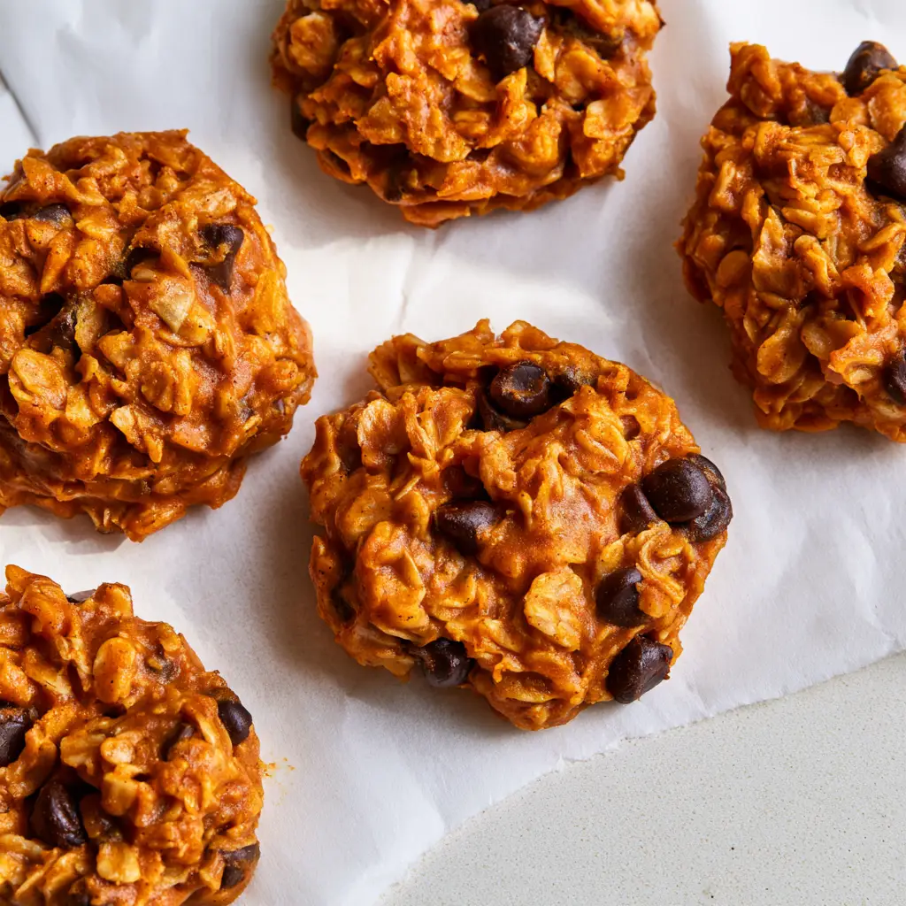 High-angle view of handmade Pumpkin No-Bake Cookies with irregular edges and a moist, sticky texture on a grey countertop.