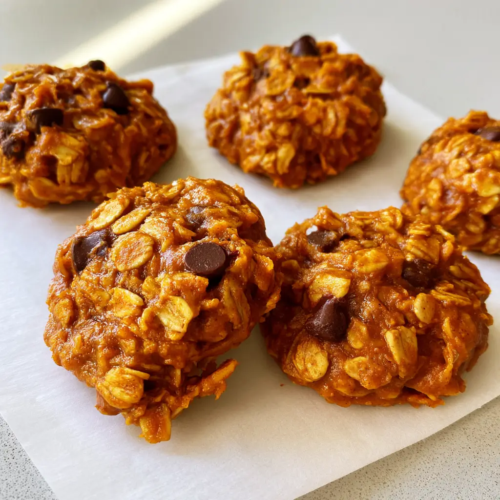 Several Pumpkin No-Bake Cookies arranged on white parchment paper showing the deep orange hue of the pumpkin puree.