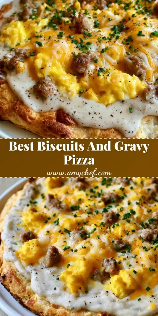 A close-up vertical shot of a Sausage Gravy Breakfast Pizza with golden biscuit crust, creamy gravy, scrambled eggs, and melted cheese, garnished with chives.