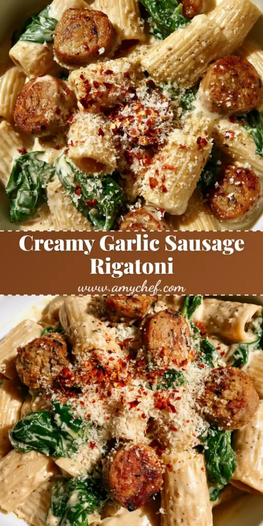 A close-up top-down view of Garlic Sausage Alfredo Rigatoni in a white bowl with seared sausage, wilted spinach, and red pepper flakes.