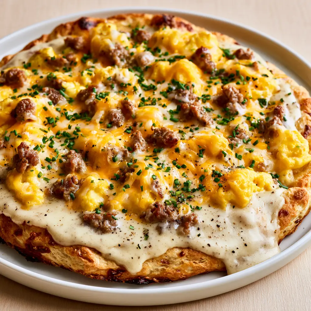 Angled close-up of Sausage Gravy Breakfast Pizza showing thick-crust flaky biscuit dough and charred edges.
