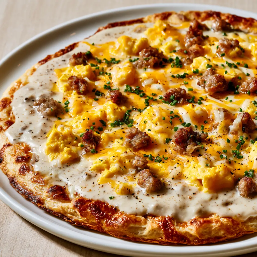 Macro shot of Sausage Gravy Breakfast Pizza toppings including melted mozzarella, cheddar, and browned pork sausage.