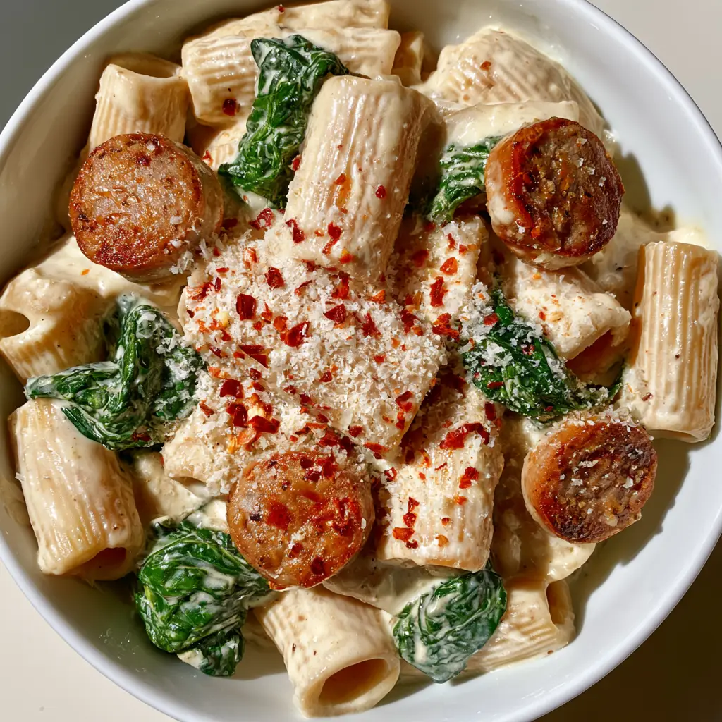 Top-down view of Garlic Sausage Alfredo Rigatoni garnished with vibrant green spinach and red chili flakes.