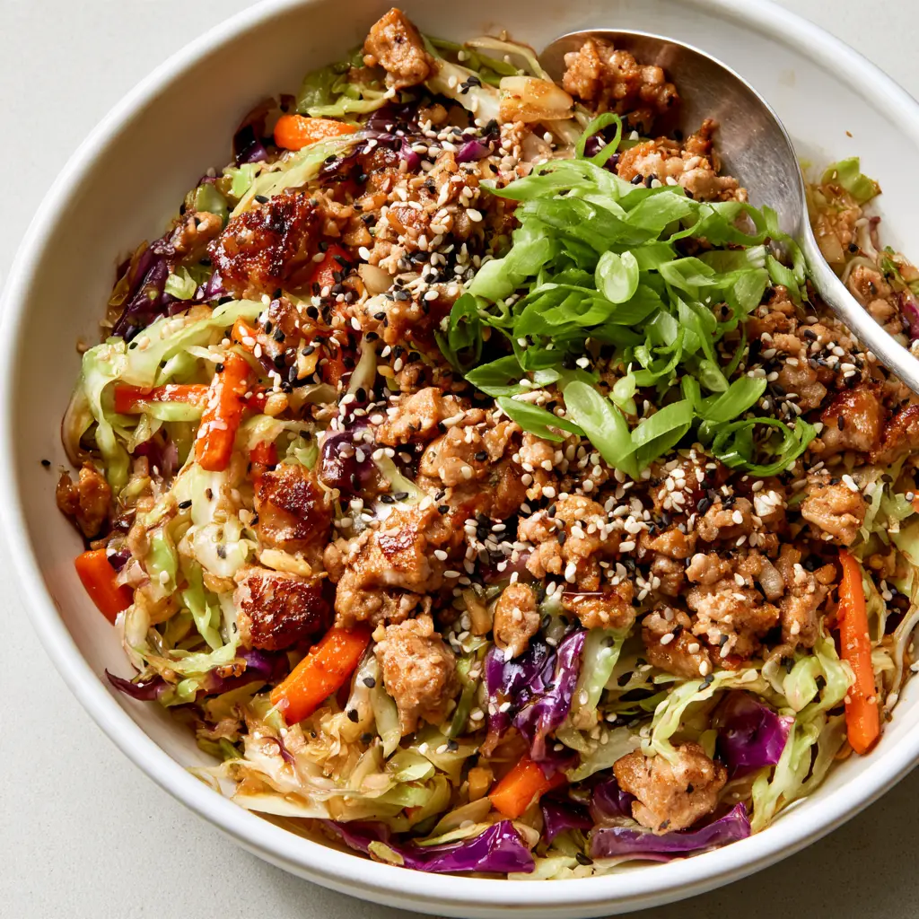 A silver spoon resting in a bowl of egg roll stir fry with bright orange julienned carrots. (Cheap Healthy Dinners)