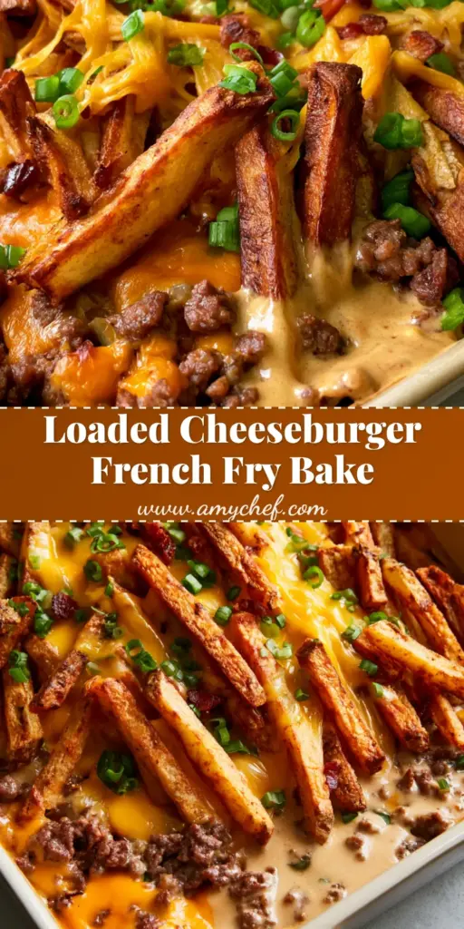 A close-up vertical shot of Cheeseburger French Fry Casserole in a ceramic dish with melted yellow cheese and crispy bacon bits.