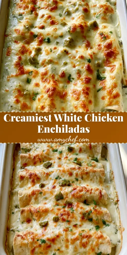 A rectangular white ceramic baking dish filled with six white chicken enchiladas covered in bubbly melted cheese, golden toasted spots, green chilies, and fresh cilantro.