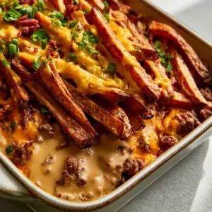 Close-up handheld smartphone photo of a rectangular ceramic baking dish filled with Cheeseburger French Fry Casserole featuring crispy fries and green onions.