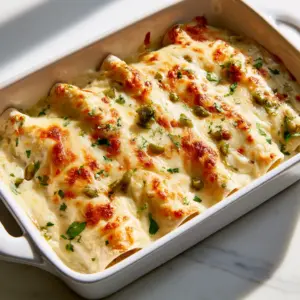 Close up of white chicken enchiladas in a white dish showing the creamy sauce and toasted cheese bubbles.