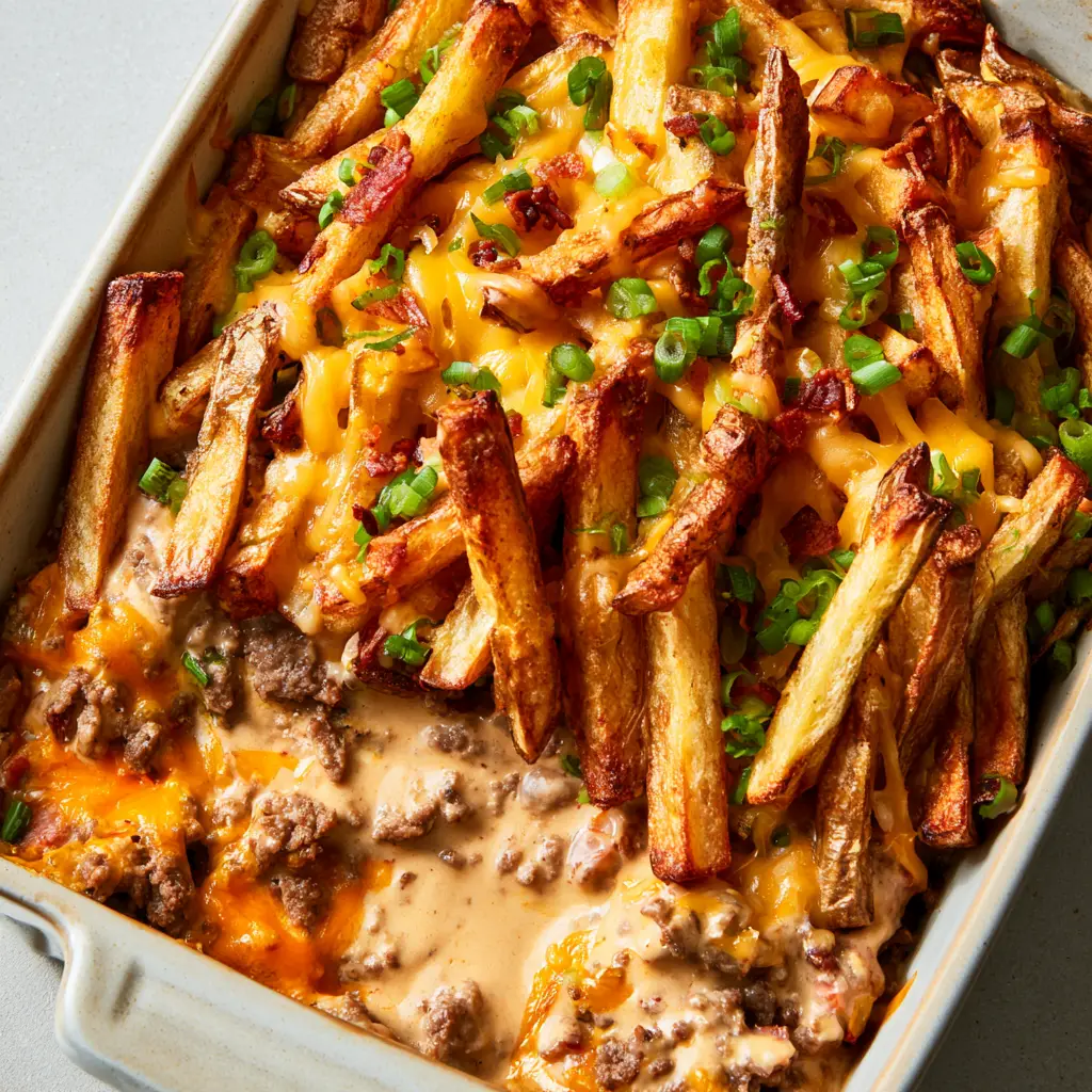 Detail shot of the creamy beige burger sauce base and browned ground beef inside the Cheeseburger French Fry Casserole.
