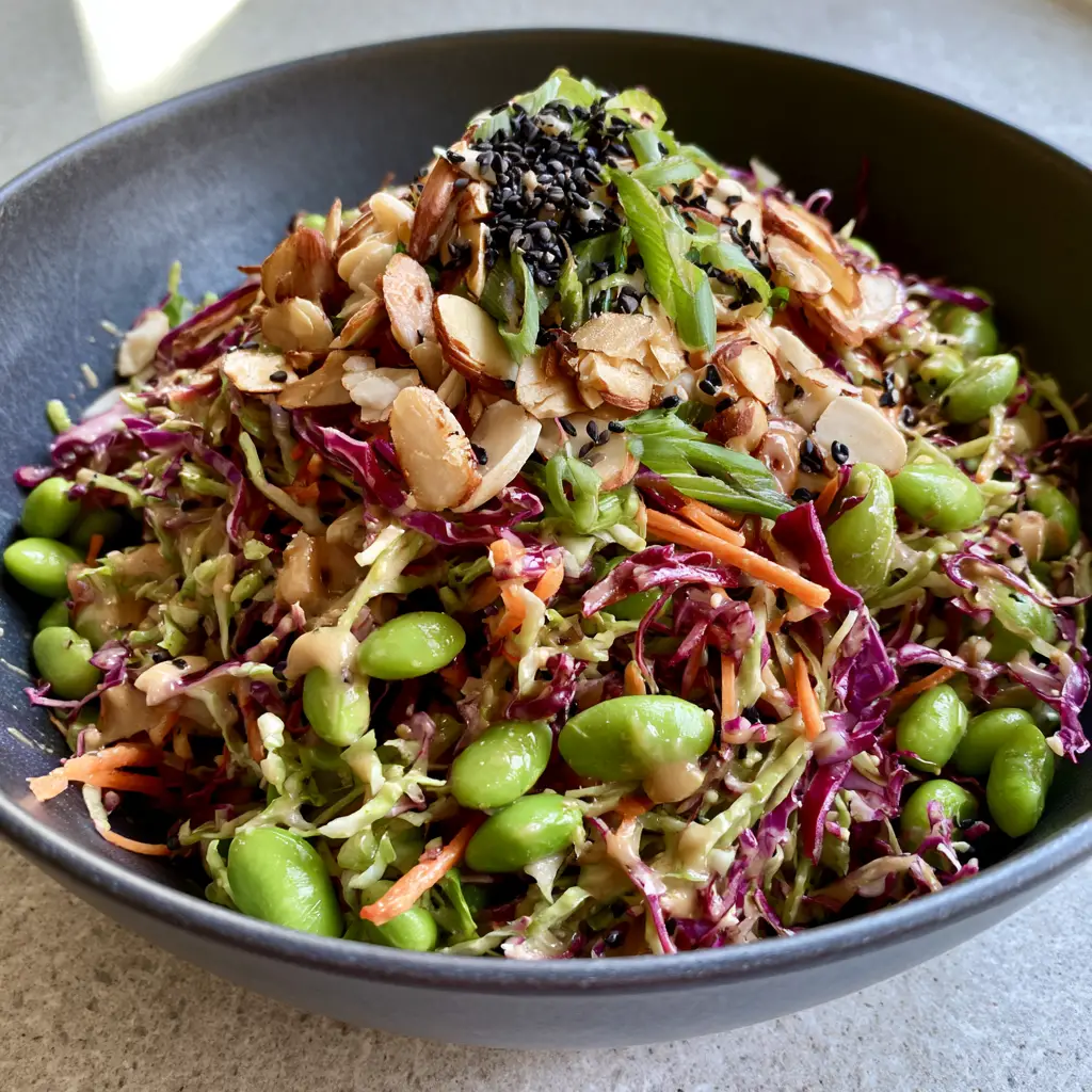 Close-up photo of Crunchy Asian Cabbage Salad showing the glossy light-tan sesame dressing and toasted almond slivers.