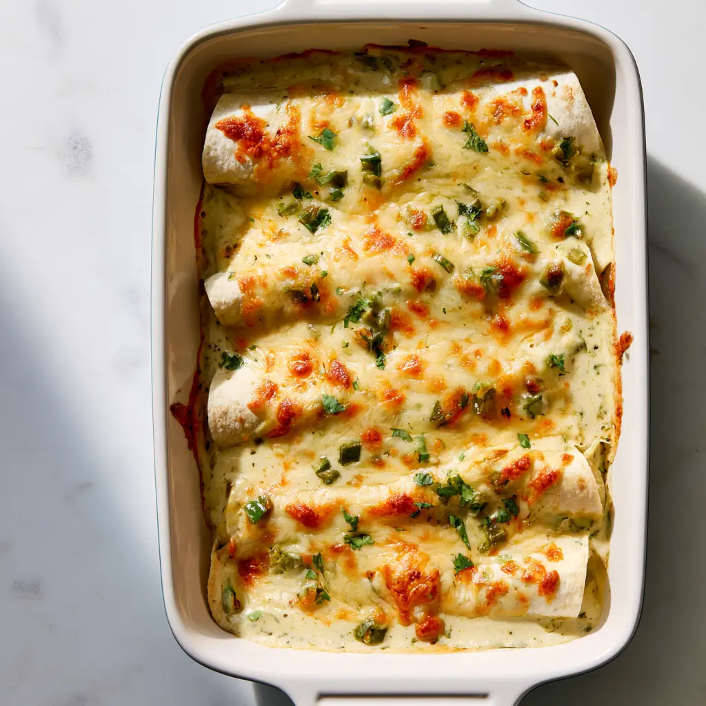 Overhead view of six rolled flour tortillas smothered in white sauce and melted Monterey Jack cheese with cilantro garnish.