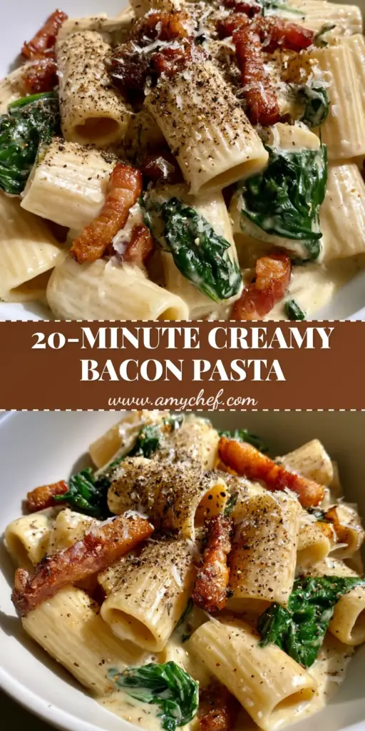 A shallow white bowl of Creamy Bacon and Spinach Pasta with al dente rigatoni, glossy white sauce, and crispy bacon lardons.