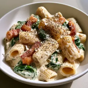 Close-up of rigatoni pasta coated in thick Parmesan cream sauce with dark green spinach and bacon lardons. (Creamy Bacon and Spinach Pasta)