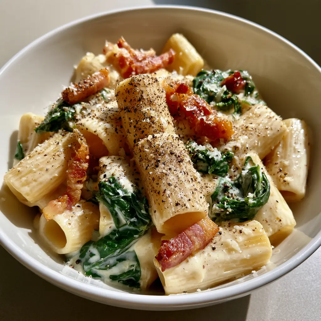 Slightly angled shot of Creamy Bacon and Spinach Pasta garnished with cracked black pepper and Parmesan flakes.