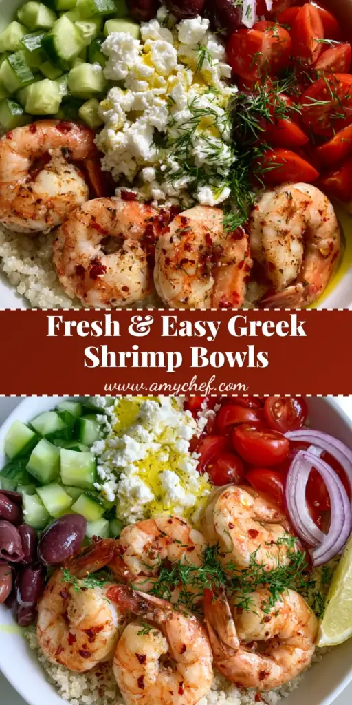Greek Shrimp Mediterranean Bowl with Fluffy Quinoa and Lemon Vinaigrette 3 A top-down view of a Greek Shrimp Mediterranean Bowl featuring seared jumbo shrimp, fluffy quinoa, fresh cucumbers, cherry tomatoes, and feta cheese.