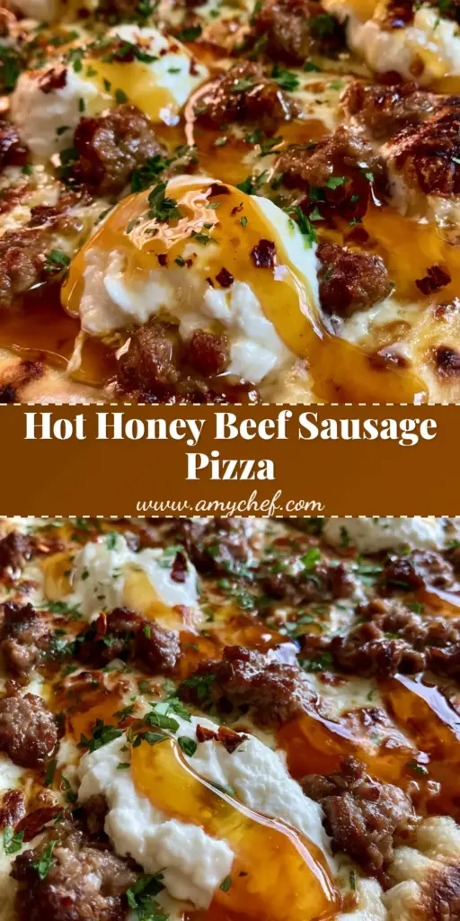 A handheld smartphone photo of a homemade Hot Honey Beef Sausage Pizza featuring a thin, rectangular artisanal crust, creamy ricotta dollops, and a glossy amber honey drizzle.