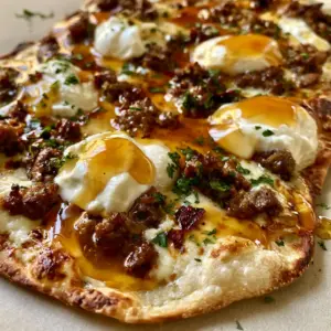 Close up view of Hot Honey Beef Sausage Pizza showing browned crumbled beef, melted mozzarella, and fresh green parsley garnish.