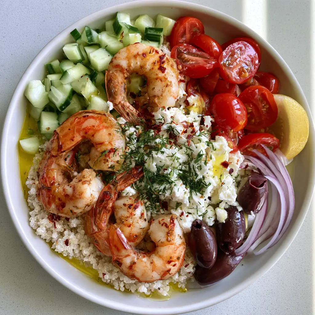 Greek Shrimp Mediterranean Bowl with Fluffy Quinoa and Lemon Vinaigrette 2 Close up photo of seared jumbo shrimp with red chili flakes in a white ceramic Greek Shrimp Mediterranean Bowl.
