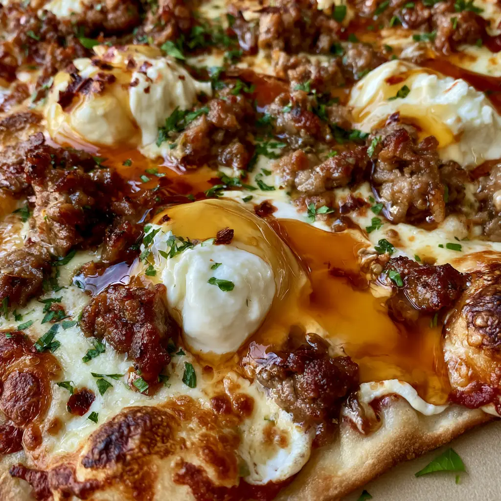 Wide shot of a rectangular Hot Honey Beef Sausage Pizza with charred bubbly crust edges and a glossy honey glaze.