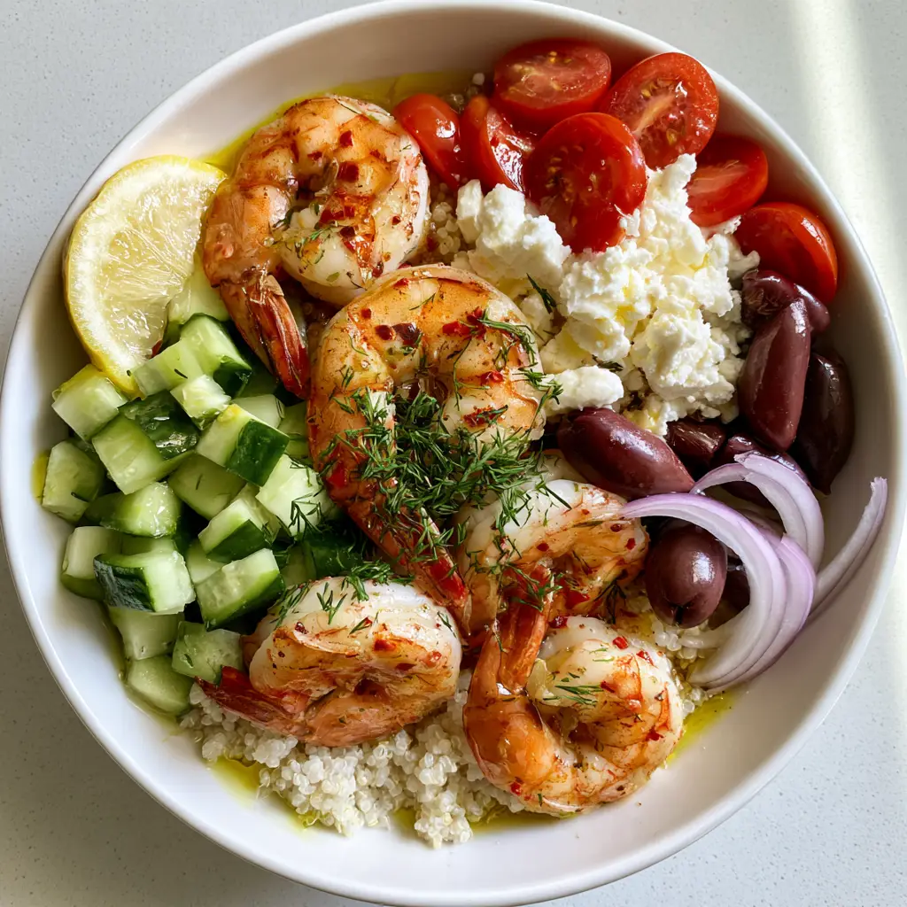 Greek Shrimp Mediterranean Bowl with Fluffy Quinoa and Lemon Vinaigrette 1 Greek Shrimp Mediterranean Bowl showing fresh cherry tomatoes, kalamata olives, and red onion crescents on a bed of quinoa.