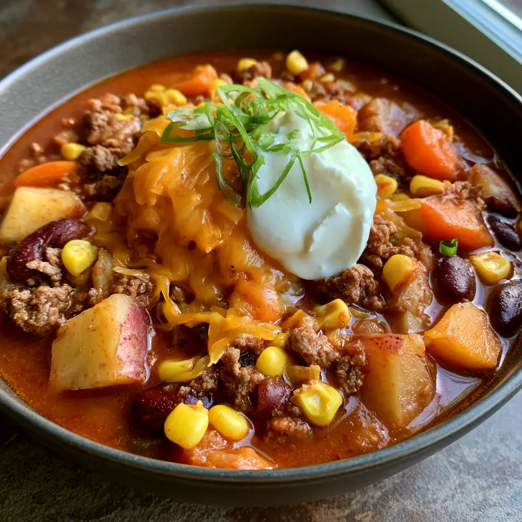 A steaming bowl of Cowboy Soup with melted cheddar cheese and fresh green onions.