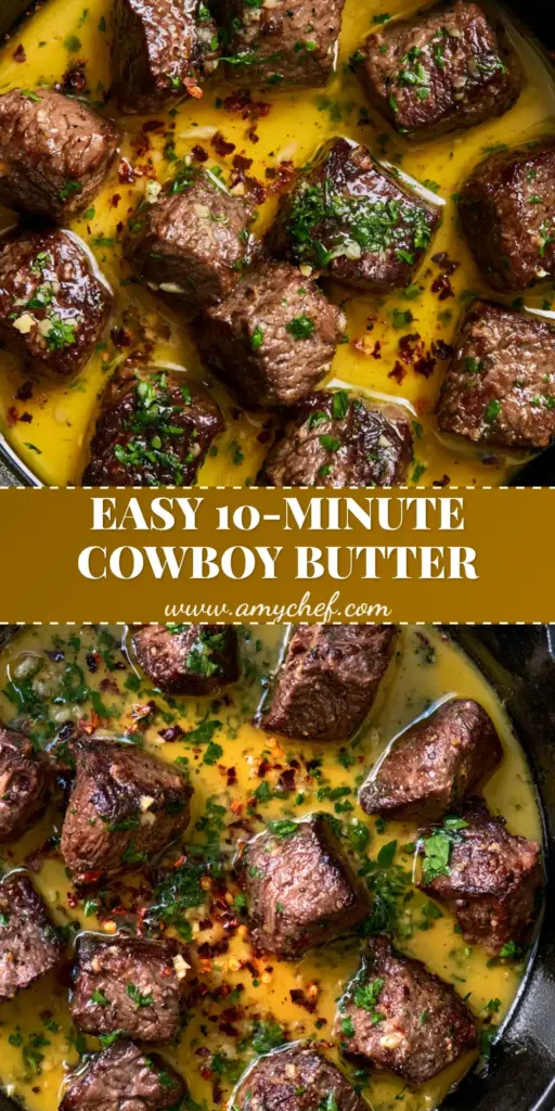 Cowboy Butter Recipe with Seared Garlic Herb Steak Bites 3 A top-down view of juicy steak bites in a cast iron skillet smothered in a Cowboy Butter Recipe sauce with garlic and parsley.
