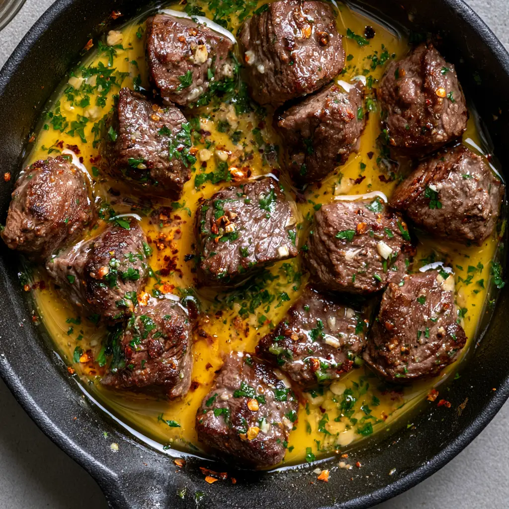 Cowboy Butter Recipe with Seared Garlic Herb Steak Bites 2 Close up shot of dark brown seared steak bites in a pool of golden melted butter. (Cowboy Butter Recipe)